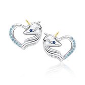 Joy|S - Zilveren eenhoorn oorbellen hart 11 x 12 mm unicorn zirkonia blauw - gehodineerd