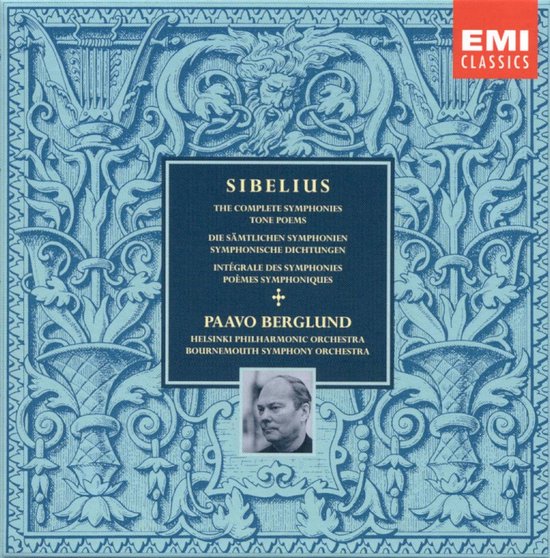 Albumhoes met blauwe art deco-versieringen. Titel: Sibelius - De complete symfonieën, toonverhalen.