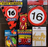 16 jaar- Verjaardag Versiering - Ballonnen - Afzetlint - Vlaggenlijn - Taarttopper - Rozet - Feestpakket