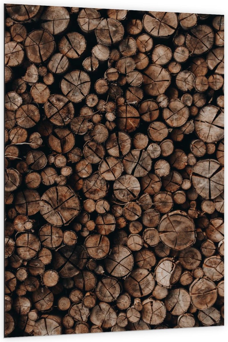 Dibond - Houten Palen Opgestapeld - 100x150cm Foto op Aluminium (Met Ophangsysteem)