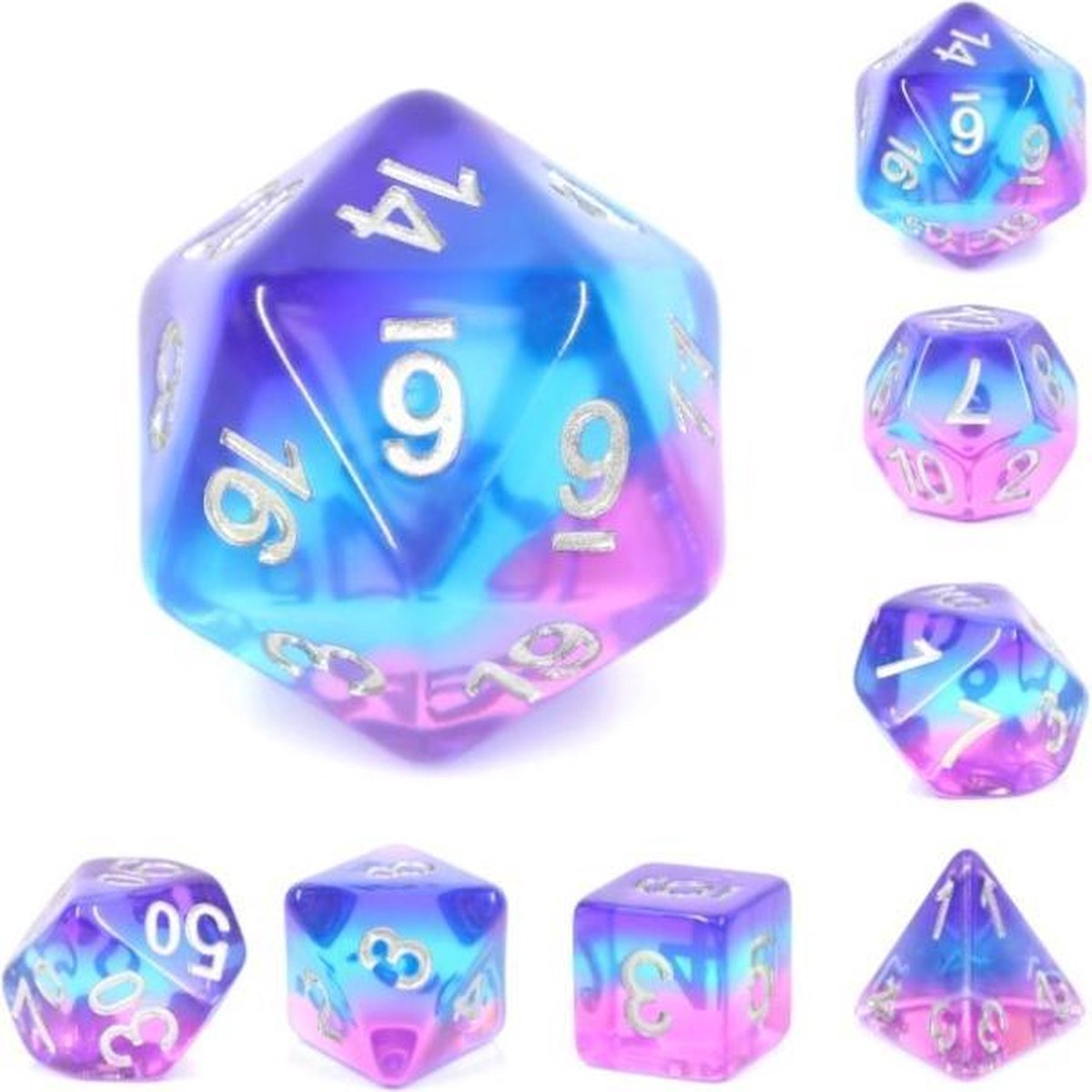 Polyset Dice | Dobbelstenen - Set Van 7 Stuks - Paars Blauw Roze Transparant Zilver | Voor D&D en Andere Rollenspellen | Plastic Dobbelstenen Set voor Dungeons and Dragons | Polyhedral Dice Set | Met Mooie Zwarte Velvet Dice Bag voor Ongeveer 3 Sets