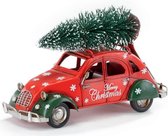 Metalen, Rode Kerstauto met kerstboom op het dak 26 cm