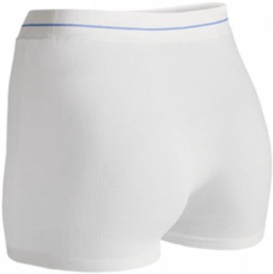 Achterkant van een wit TENA ProSkin Fix Fixation Pant met blauwe gestreepte tailleband.