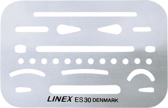 Radeersjabloon met verschillende cirkels, rechte lijnen en gebogen lijnen, met LINEX ES30 DENMARK.