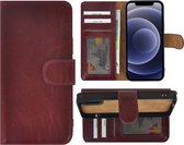 Iphone 12 Hoesje - Bookcase - Iphone 12 Book Case Wallet Echt Leder Bordeaux Rood Cover