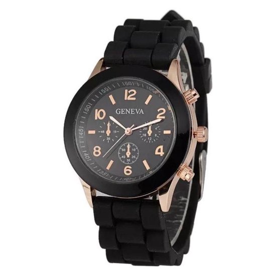 Geneva Horloge - Goudkleurig (kleur kast) - Zwart bandje - 37 mm