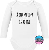 Baby rompertjes - A champion is born! - maat 74/80 - lange mouwen - baby - baby kleding jongens - baby kleding meisje - rompertjes baby - rompertjes baby met tekst - kraamcadeau me