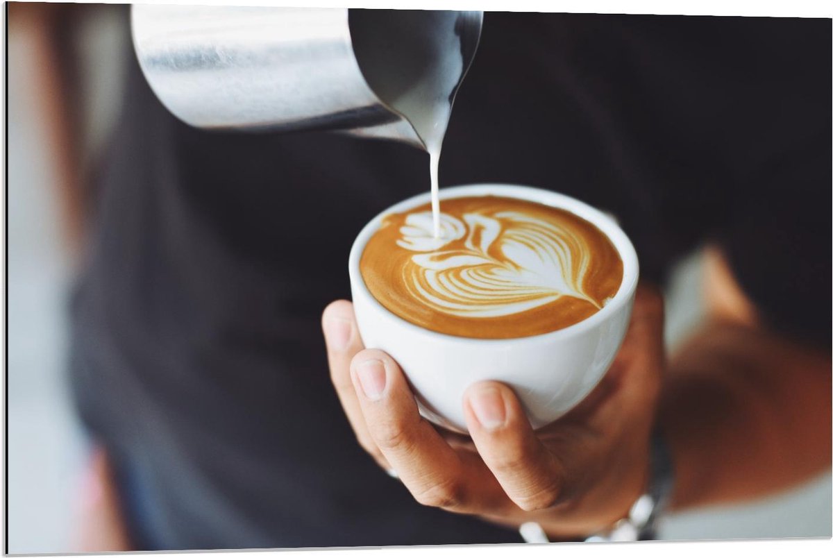 Dibond - Echt Vers Kopje Koffie - 90x60cm Foto op Aluminium (Wanddecoratie van metaal)