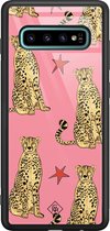 Samsung S10 Plus hoesje glass - The pink leopard | Samsung Galaxy S10+ case | Hardcase backcover zwart