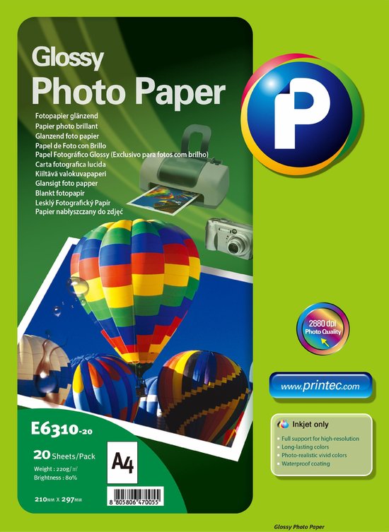 Printec Fotopapier - Glossy glanzend - 20 vellen A4 - 210x297mm, 220 gram | bol.com