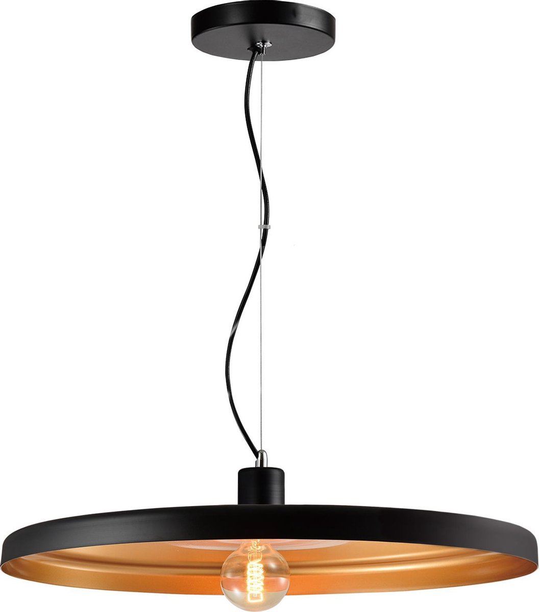 QUVIO Hanglamp modern / Plafondlamp / Sfeerlamp / Leeslamp / Eettafellamp / Verlichting / Slaapkamer lamp / Slaapkamer verlichting / Keukenverlichting / Keukenlamp - Dun design - Zwart met gouden binnenkant - Diameter 60 cm