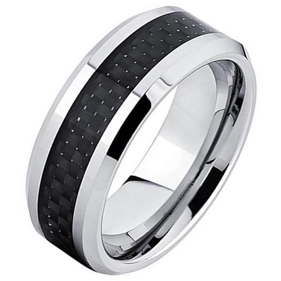 Foto: Wolfraam ring carbon fiber zilver zwart 8mm 22mm