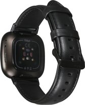 Versa 3 / Sense Genuine Leren Band - Maat ML - Zwart - Geschikt Voor Fitbit - Horlogeband - Armband - Polsband