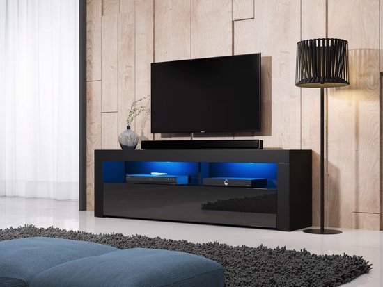 Grand meuble TV LED, L 160 cm, meuble TV Noir avec tiroirs et étagères,  console de stockage multimédia TV