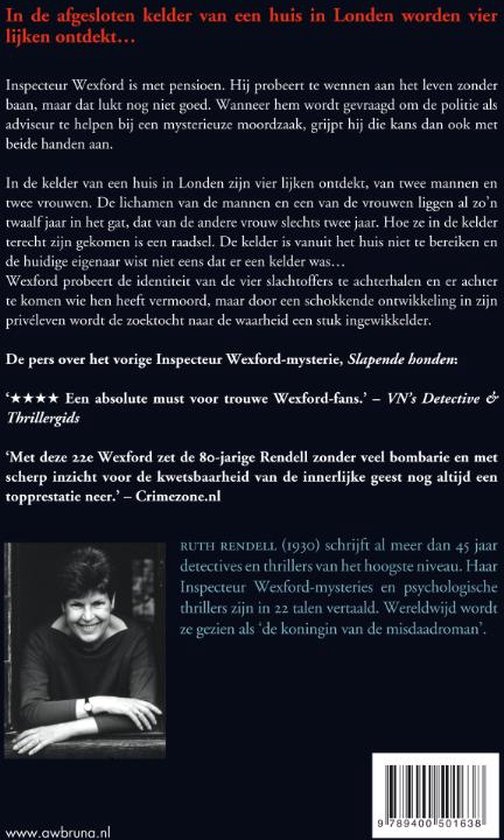 Achterkant boek met foto van Ruth Rendell en tekst.