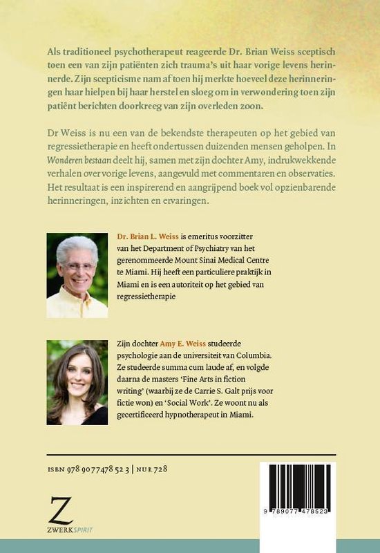 Achterkant boek met foto's van auteurs Brian L. Weiss en Amy E. Weiss, ISBN en barcode.