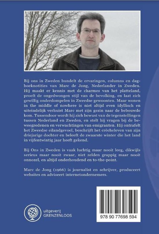 Boekomslag met een foto van een man met bril en een grijze trui, omringd door tekst over Zweden.