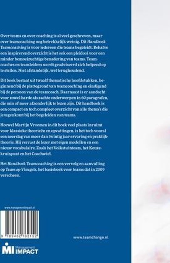 Achterkant van het boek "Handboek Teamcoaching". Met ISBN-barcode en website-adressen.