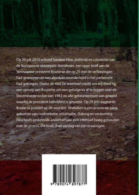 Achterkant van het boek 'De getuigenis van president Desi Bouterse' met tekst en een barcode.
