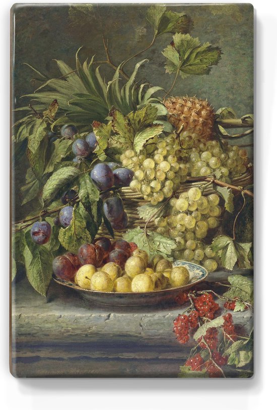 Stilleven met fruit - Adriana Johanna Haanen - 19,5 x 30 cm - Niet van echt te onderscheiden schilderijtje op hout - Mooier dan een print op canvas - Laqueprint.