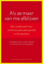 Boek kaft met titel: 'Als ze maar van me afblijven'. Rode achtergrond met gele streep.
