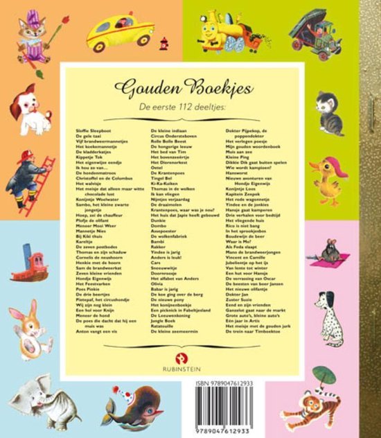 Een collage van illustraties van dieren, gouden boekjes en karakters uit kinderboeken, waaronder een gele en een groene trein.