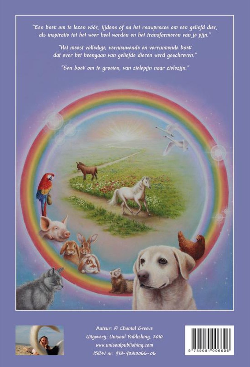 Boekomslag met een regenboog omringt dieren, waaronder een hond, paard en papegaai. Tekst 'Zielepijn'.