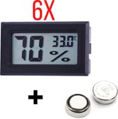 6x Hygrometer - Temperatuurmeter - 2 in 1 - Digitaal - Voor buiten en binnen - Zwart - Inclusief Batterijen