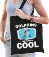 Dieren dolfijn  katoenen tasje volw + kind zwart - dolphins are cool boodschappentas/ gymtas / sporttas - cadeau dolfijnen fan