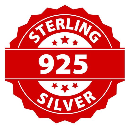 Rode cirkel met zilveren tekst: STERLING 925 ZILVER.