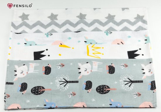 Spuugdoekjes – Monddoekjes – 10 Pack - Flanellen Doeken -  Monddoekje 35x50cm – 100% katoen – Fensilo – Spuugdoek Unisex – Wit – Dieren - Grijs - Flanellen Luiers
