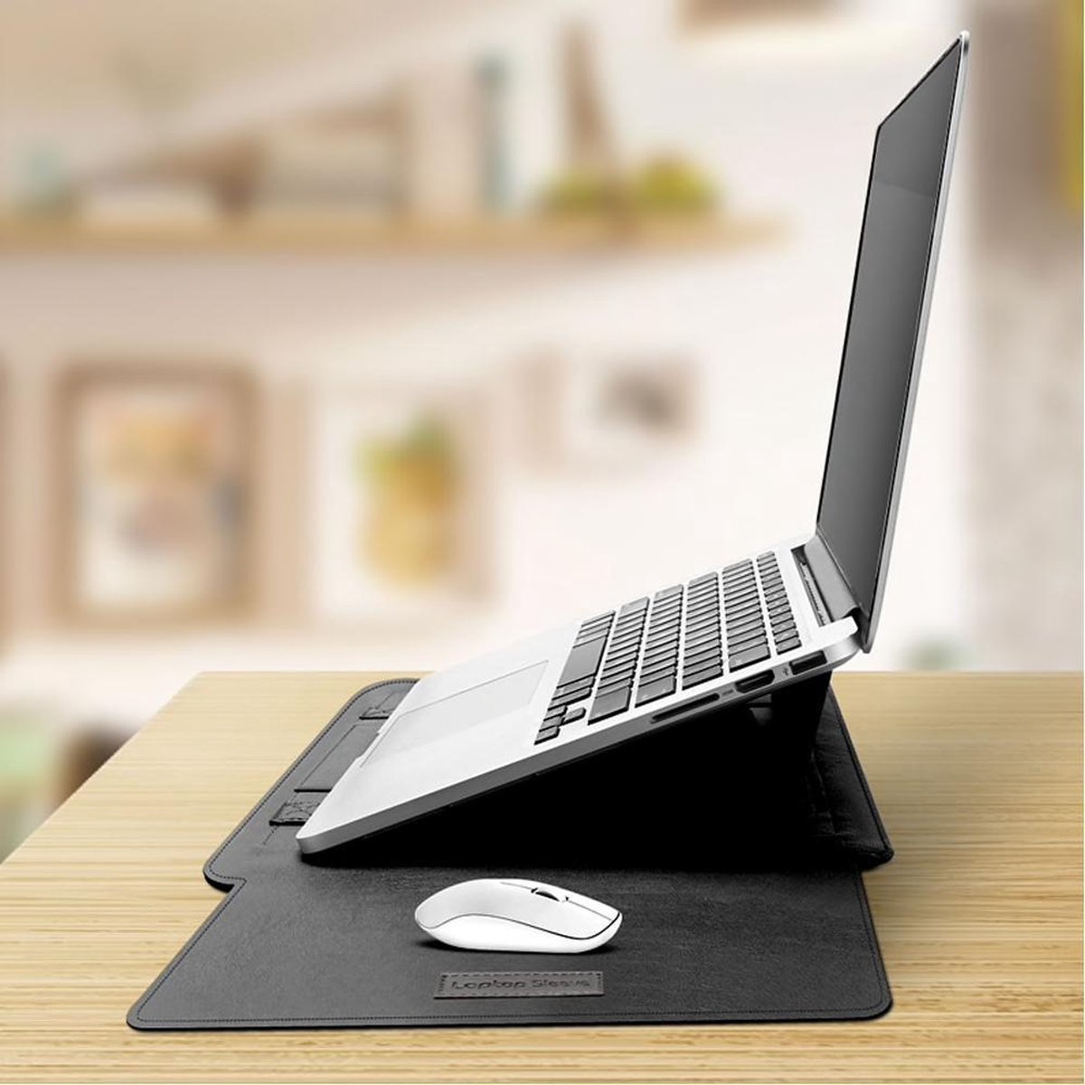 The Shape Label™ - Leren Laptophoes 12 Inch 2-In-1 Met Standaard - Charcoal Black