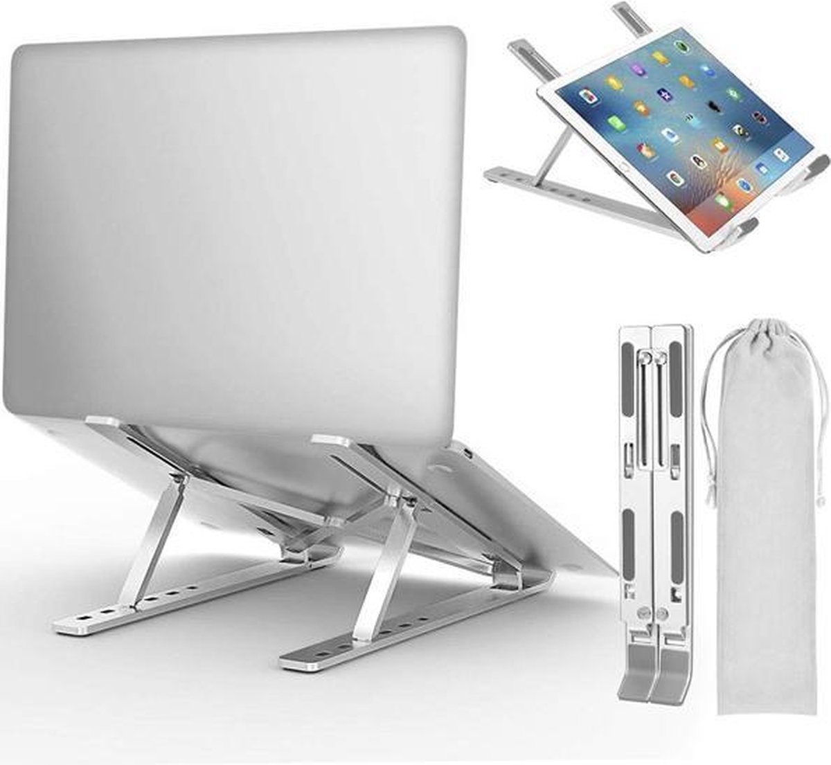 Laptop Standaard - Verstelbaar en Opvouwbaar - Aluminium Laptop en Tablet Houder met Opbergzakje - Merkloos