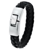 Lucardi Heren Armband gevlochten leer zwart - Leer - Armband - Cadeau - 21 cm - Zwart