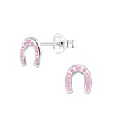 Joy|S - Zilveren hoefijzer oorbellen met roze hartje
