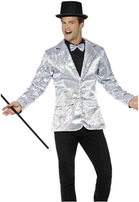 Smiffy's - Glitter & Glamour Kostuum - Zilveren Pailletten Showman Jas - Zilver - Large - Carnavalskleding - Verkleedkleding