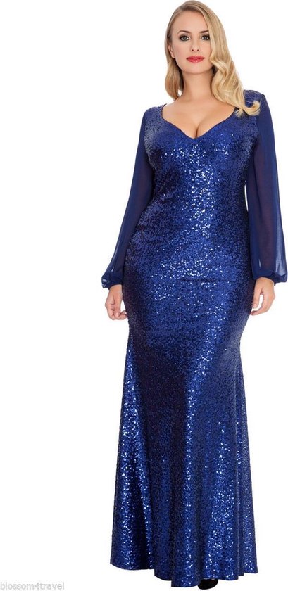 Mooie jurk met pailletten en lange mouwen - Maat 46 - Donkerblauw | bol