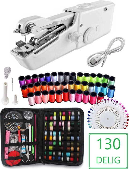 Handy Stitch - Machine à coudre manuelle PREMIUM avec kit de démarrage 130 pièces + câble USB - Mini machine à coudre - Sans fil - 43 bobines de fil