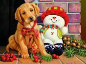 Diamond Painting Pakket - Serie Kerstmis - Hond en Sneeuwpop - 50x40 cm - Complete Set - Volledige Bedekking - Ronde Steentjes