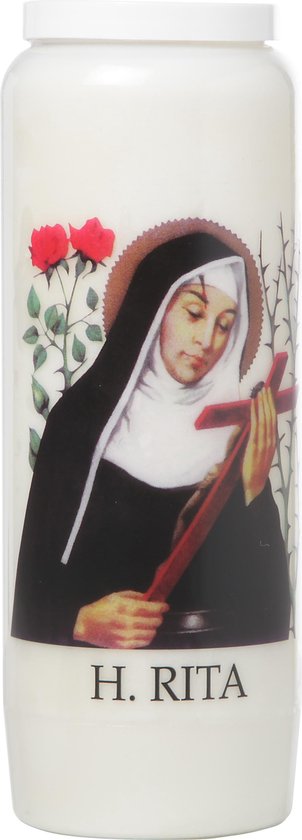 Une bougie blanche avec une image de Ste Rita en habit noir avec couvre-chef blanc, tenant une croix, avec des roses et des épines.