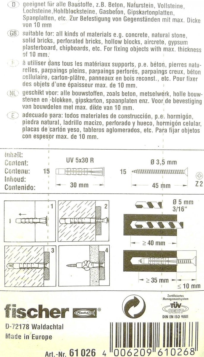 100x Fischer UV 5x30 pluggen + schroeven Universeel kunststof nylon