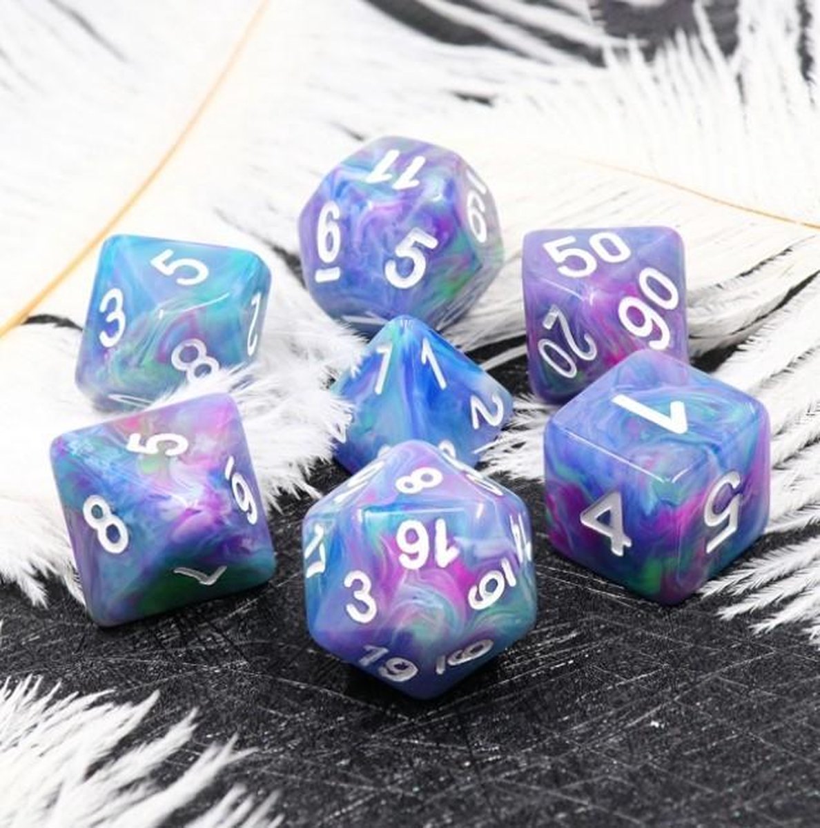 Polyset Dice | Dobbelstenen - Set Van 7 Stuks - Blauw Groen Paars en Wit | Voor D&D en Andere Rollenspellen | Plastic Dobbelstenen Set voor Dungeons and Dragons | Polyhedral Dice Set