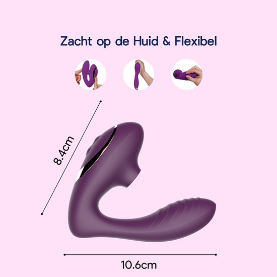 Paarse vibrator in detail met afmetingen 8,4 cm en 10,6 cm.