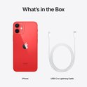 Inhoud van de doos: rode iPhone 12 en een witte USB-C naar Lightning kabel.