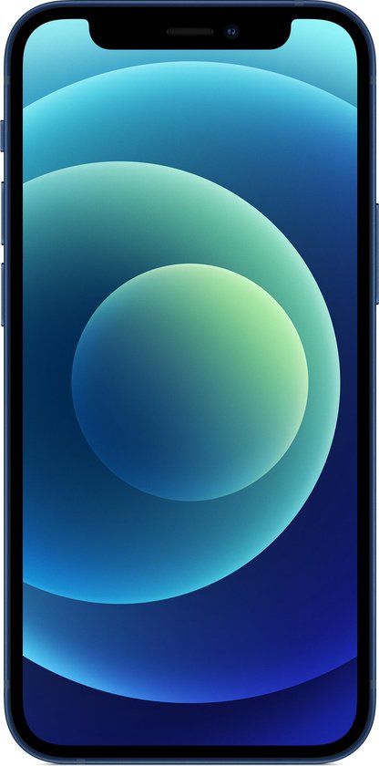 Blauwe iPhone 12 Mini, voorkant met abstracte achtergrond.