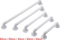 Vijf witte handgrepen van verschillende lengtes (80cm tot 30cm) met geribbelde grip.