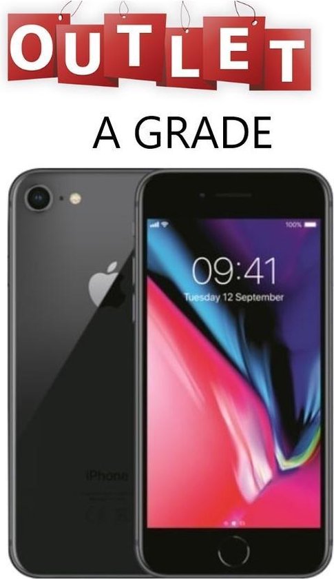 Donkergrijze iPhone 8 van voren en achteren, met de tijd en datum op het scherm. Bovenin staat 'OUTLET A GRADE'.
