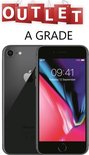 Donkergrijze iPhone 8 van voren en achteren, met de tijd en datum op het scherm. Bovenin staat 'OUTLET A GRADE'.