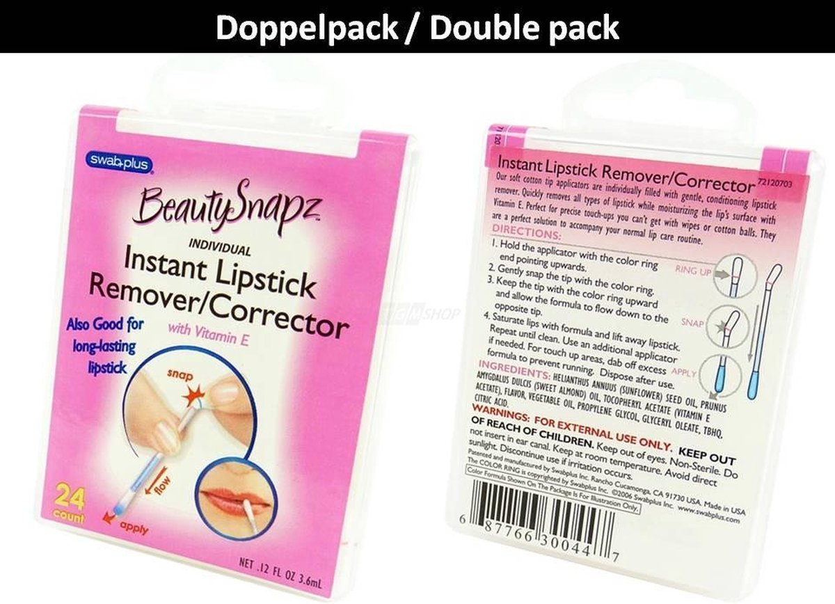 SwabPlus Beauty Snapz Instant Lipstick Remover Corrector Reinigende Vitamine E - 2-Pack