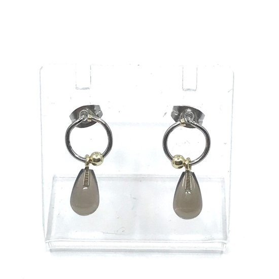 Boucles d' Boucles d'oreilles GSE avec pendentifs en quartz fumé. Boucles d'oreilles faites main en remanium, pendentifs en or jaune 14 carats et pierres précieuses